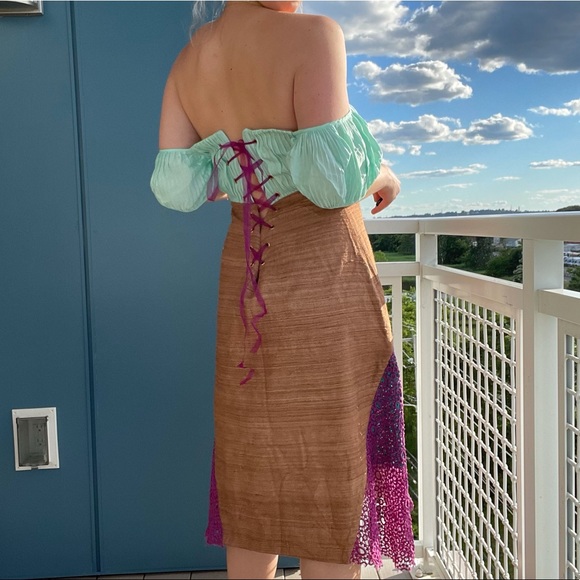 Vintage Corset Dress Puff Sleeve Color-block Midi - Picture 3 of 7